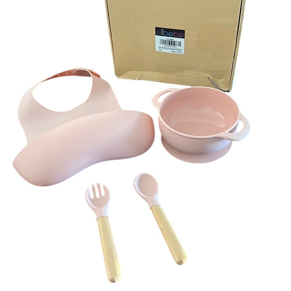 Elbebe Light Pink Silicone Baby Feeding Set Bib Bowl Fork Spoon
